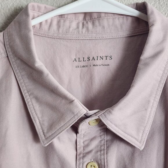 AllSaints Shirt Mens 2XL Light Pink Huntingdon Short Sleeve Button Up Ramskull - Picture 4 of 11